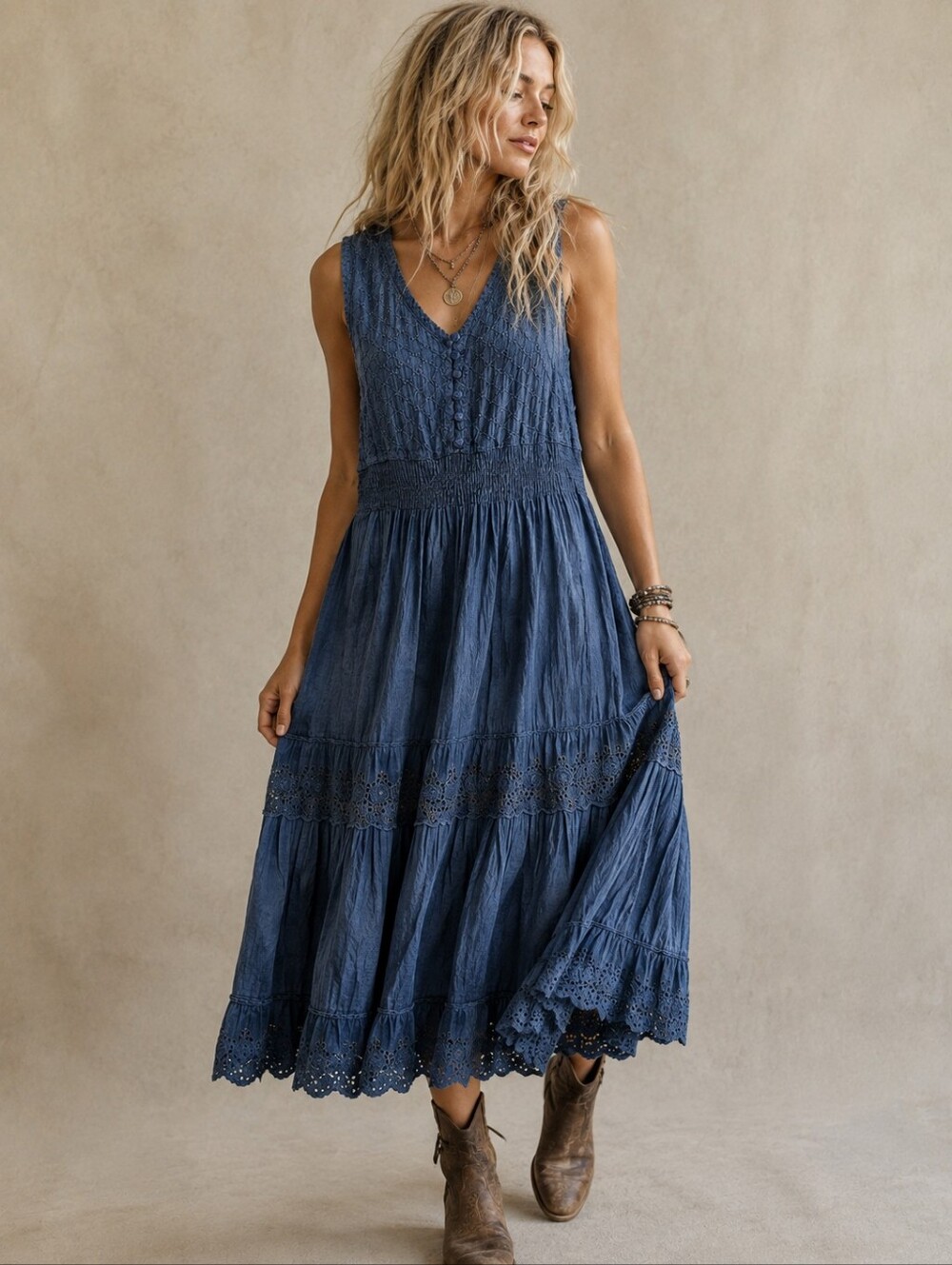 Vintage Fiori Boho Midi Dress Size 2X Blue Cotton Tiered Eyelet Detail